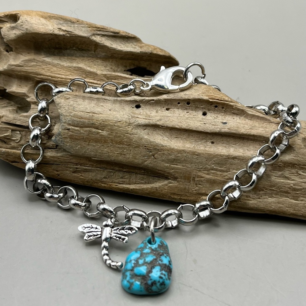 Silver Bracelet with Turquoise Dragonfly Charm-Handcrafted Boho Jewelry Gift
